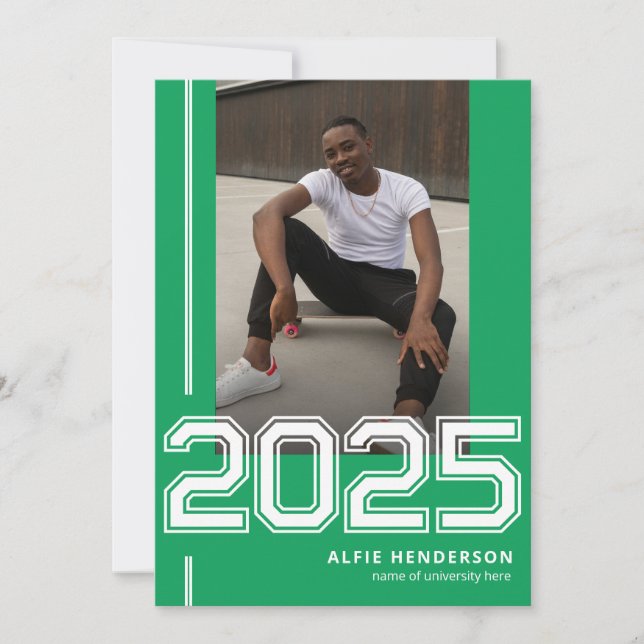 Athletic Photo Graduation Party Green Invitation (Front)