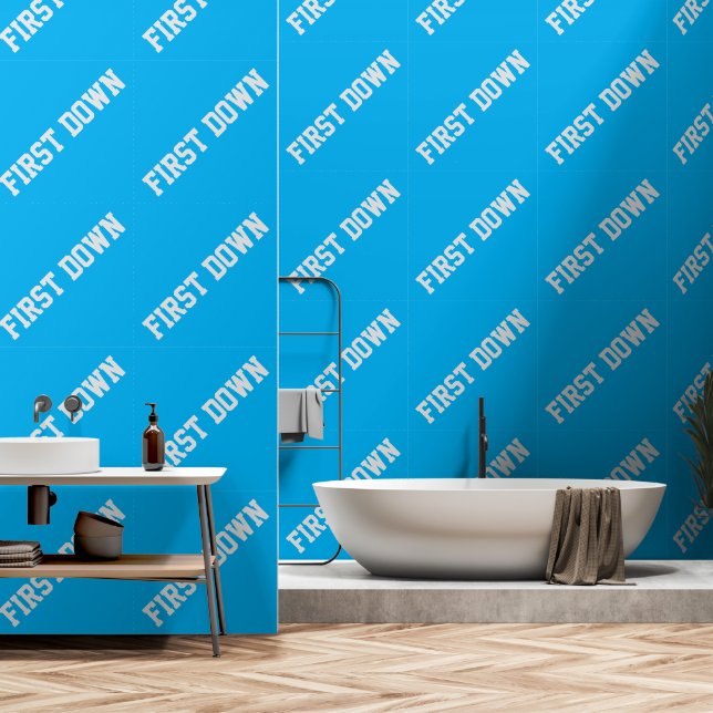 Athletic Slant White FIRST DOWN Text On Azure Blue Wallpaper (Bathroom)