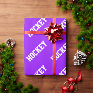 Athletic Slant White HOCKEY Text On Bright Blue Wrapping Paper