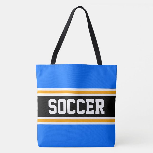Athletic SOCCER Bright Blue Black Yellow Stripes Tote Bag (Front)