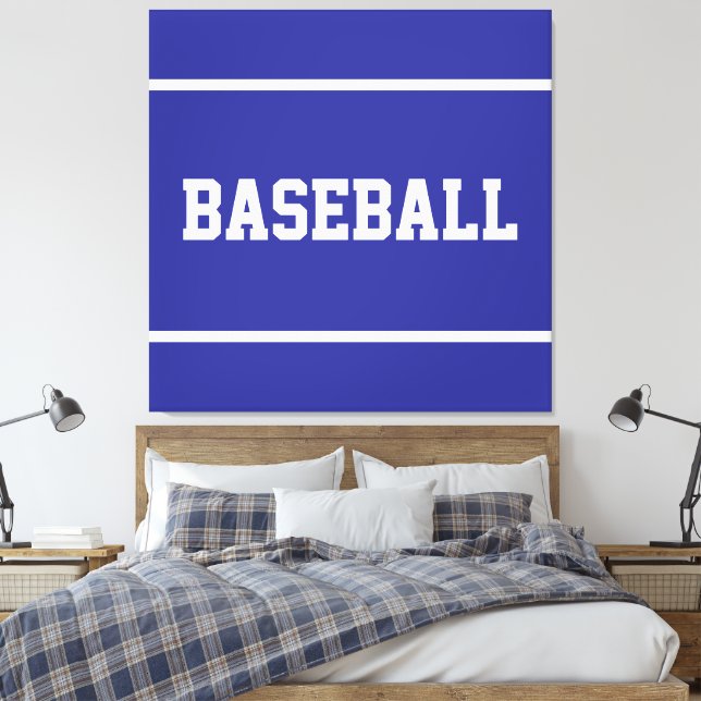 Athletic Summer Blue White BASEBALL Text Stripes Canvas Print (Insitu(Bedroom))
