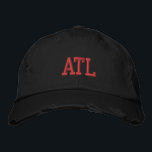 ATL "Atlanta" Monogram Red and Black Vintage Style Embroidered Hat<br><div class="desc">ATL "Atlanta" Monogrammed embroidered Red on Black vintage style distressed cotton hat. Makes a wonderful gift for anybody who loves Atlanta GA! Also, if you would prefer to have your personal monogram then simply select "Personalize this template" details button to enter your name initials. Embroidery is customizable to other colour...</div>