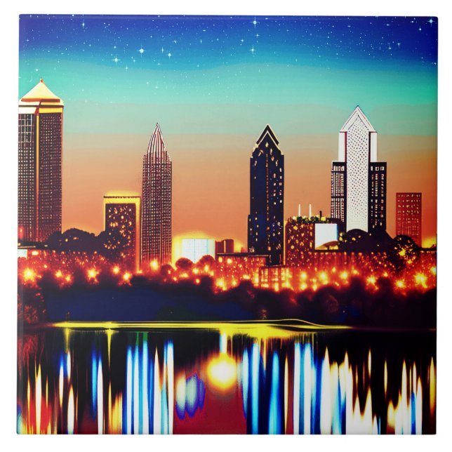 Atlanta Skyline by Night with Reflections Tile (Front)