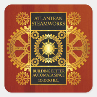 Atlantean Steamworks - Gold & Leather on Wood Square Sticker