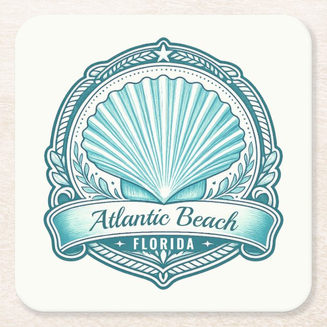 Atlantic Beach FL Coastal Seashell Emblem Square Paper Coaster (Front)