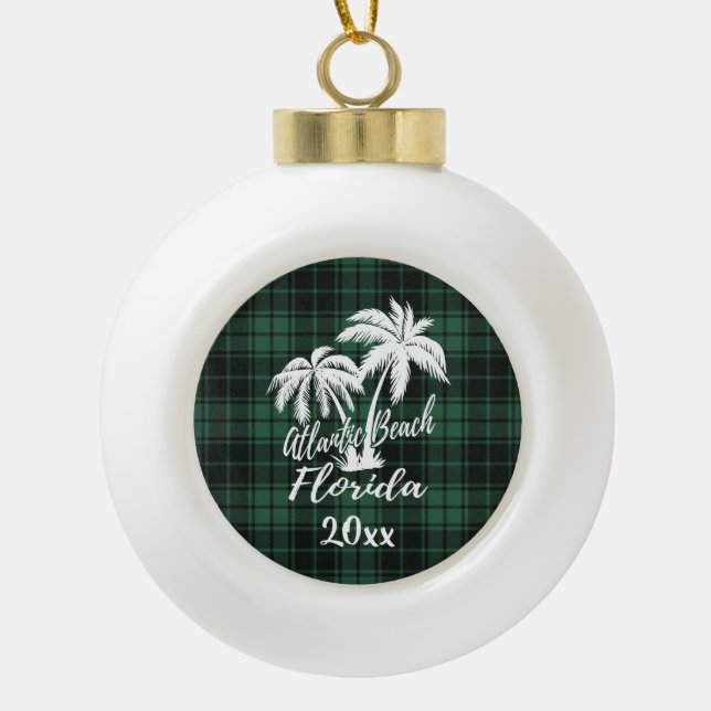 Atlantic Beach Florida Palm Tree Green Plaid Ceramic Ball Christmas Ornament (Front)