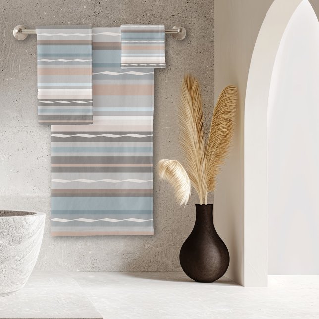 Atlantic Beach Waves Pattern Bath Towel Set (Bath towel set with an elegant striped pattern in soft pastel beach colors - beach house)