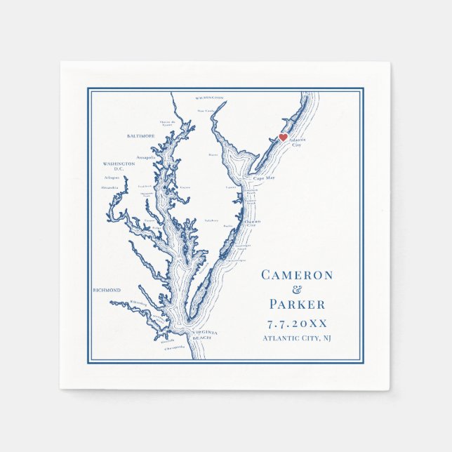 Atlantic City New Jersey Map Elegant Wedding Napkin (Front)
