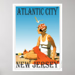 Atlantic City New Jersey Poster<br><div class="desc">A retro poster that never was until now. A recreation of an old poster that should have been. Atlantic City on the beach in retro style from the art deco era. Bright colors with a woman on the beach under a blue sky.</div>