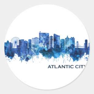 Atlantic City New Jersey Skyline Blue Classic Round Sticker