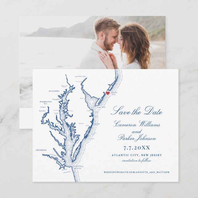 Atlantic City New Jersey Wedding Elegant Navy Map Save The Date (Front/Back)