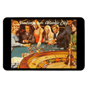 Atlantic City NJ, Gambling, Roulette, Retro Postc Magnet