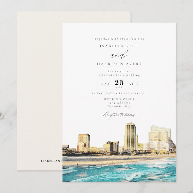 ATLANTIC CITY Watercolor Skyline Wedding Invitation (Front/Back)