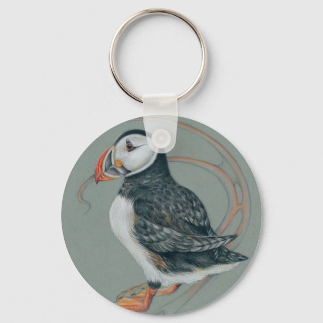 Atlantic Puffin Bird Art Drawing Keychain (Front)