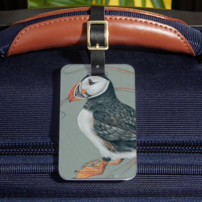 Atlantic Puffin Bird Art Drawing Luggage Tag (Front Insitu 2)