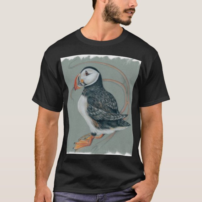 Atlantic Puffin Bird Art Drawing T-Shirt (Front)