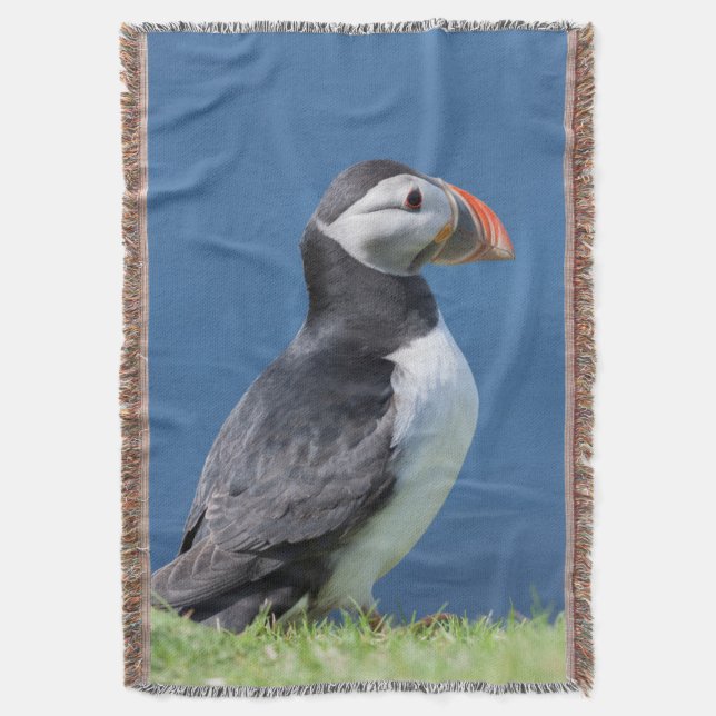 Atlantic Puffin (Fratercula Arctica) On Cliff Throw Blanket (Front Vertical)