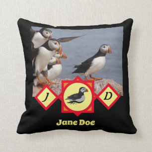 Atlantic Puffin Swimming  Monogram Photo Name Throw Pillow