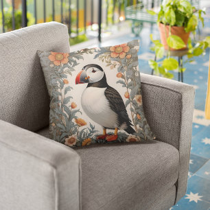 Atlantic Puffin William Morris Inspired Floral Throw Pillow