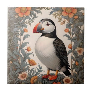 Atlantic Puffin William Morris Inspired Floral Tile