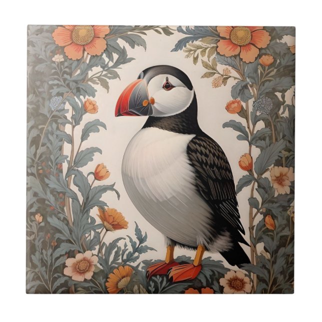 Atlantic Puffin William Morris Inspired Floral Tile (Front)