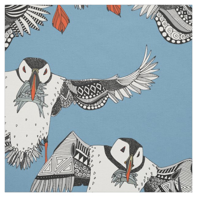 Atlantic Puffins blue Fabric (Swatch)