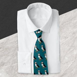 Atlantic Puffins Dark Ocean Blue Wildlife Pattern Tie
