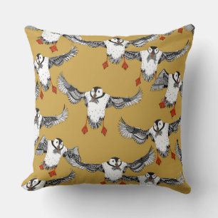Atlantic Puffins gold Throw Pillow