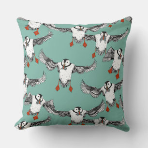 Atlantic Puffins mint Throw Pillow