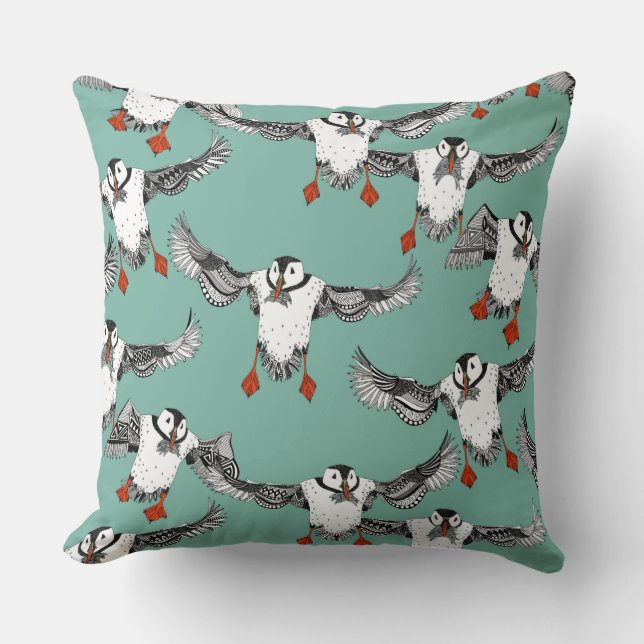 Atlantic Puffins mint Throw Pillow (Front)