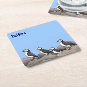 Atlantic Puffins Square Paper Coaster