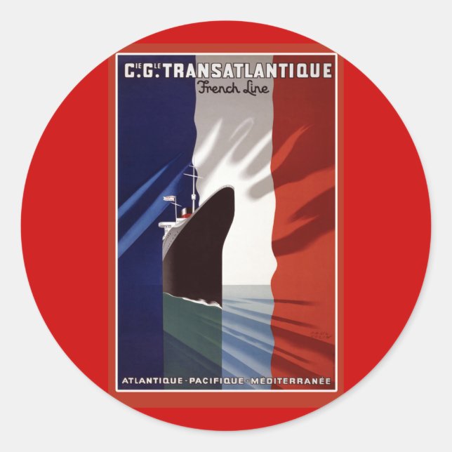 Atlantique French Cruise Line Retro Poster Classic Round Sticker (Front)