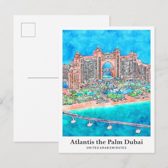 Atlantis the Palm Dubai UAE Travel Watercolor Postcard (Front/Back)
