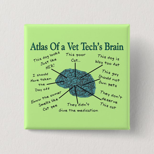 Atlas of a Vet Tech's Brain 2 Inch Square Button (Front)