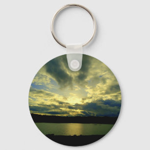 Atmospheric cloudy sky, green, blue, white keychain