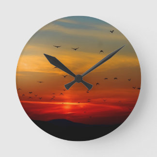 Atmospheric Sky, sunset, birds, beautiful photo Round Clock
