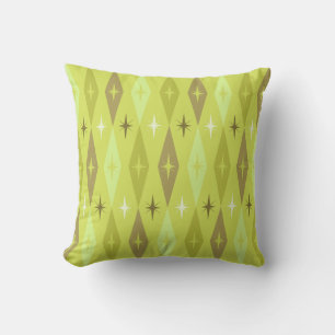 Atomic 1950’s Diamonds Stars Chartreuse Throw Pillow