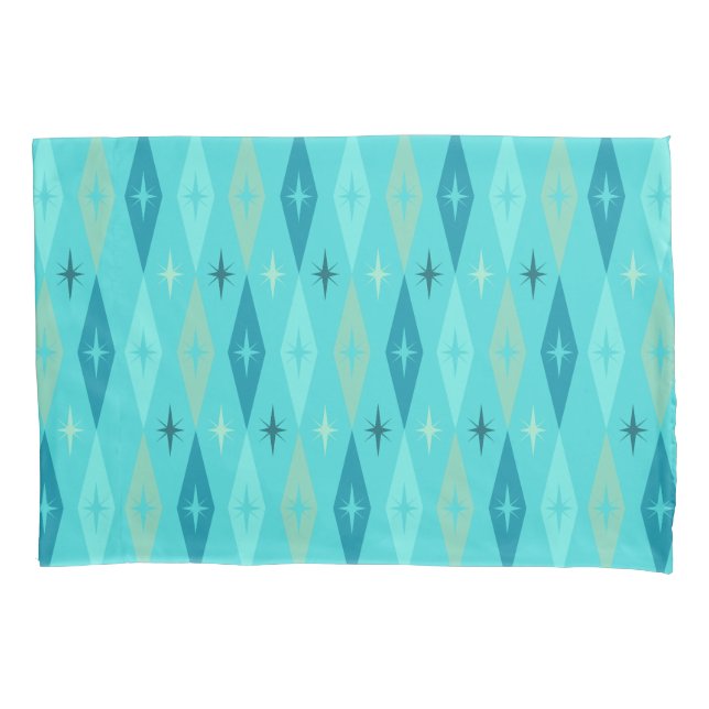 Atomic 1950’s Diamonds Stars Turquoise Pillowcase (Front)