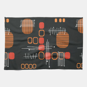 Atomic Abstract Barkcloth Black Burnt Orange Kitchen Towel