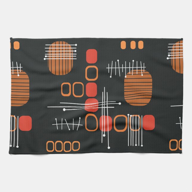 Atomic Abstract Barkcloth Black Burnt Orange Kitchen Towel (Horizontal)