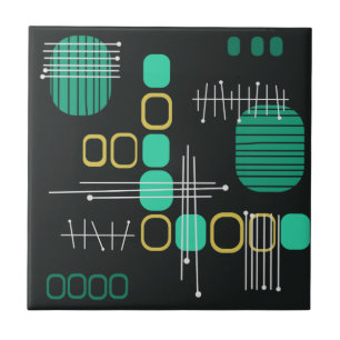 Atomic Abstract Barkcloth Black Turquoise Tile