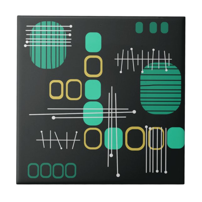 Atomic Abstract Barkcloth Black Turquoise Tile (Front)