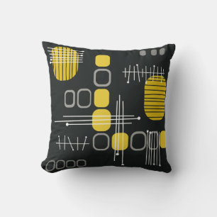 Atomic Abstract Barkcloth Black Yellow Throw Pillow