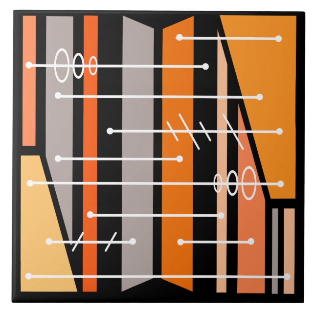 Atomic Abstract Geometric Art Black Orange Tile (Front)