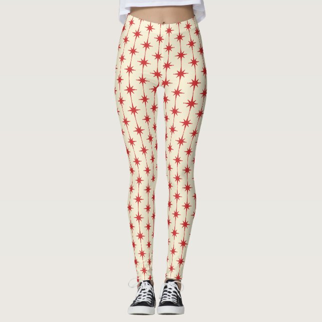 Atomic Age 50s Starbursts - Retro Red and Cream Leggings (Front)