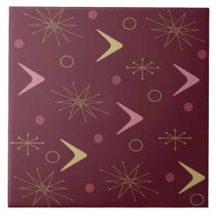 Atomic Age Boomerangs Starbursts Dark Red Gold Tile