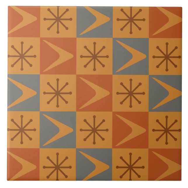 Atomic Age Chequered Boomerangs Burnt Orange Tile (Front)