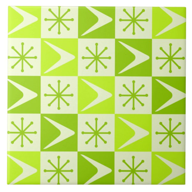Atomic Age Chequered Boomerangs Chartreuse Tile (Front)