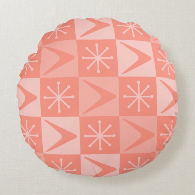 Atomic Age Chequered Boomerangs Peach Round Pillow (Front)