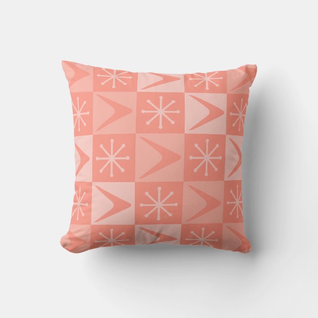 Atomic Age Chequered Boomerangs Peach Throw Pillow (Front)